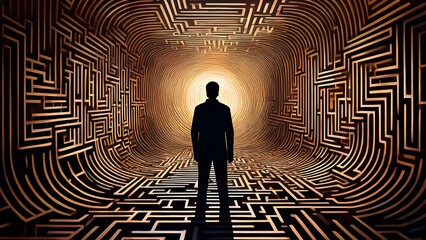 Silhouette of a man wandering in a labyrinth among walls. A man walking through a complex labyrinth. Concept: find a way out, a landmark.