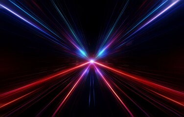 A dark background with bright blue and red streaks of light converging in the center.