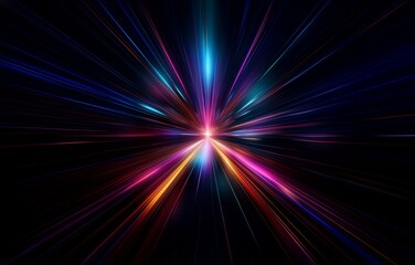 Abstract colorful rays converge in the center, radiating outward against a black background.