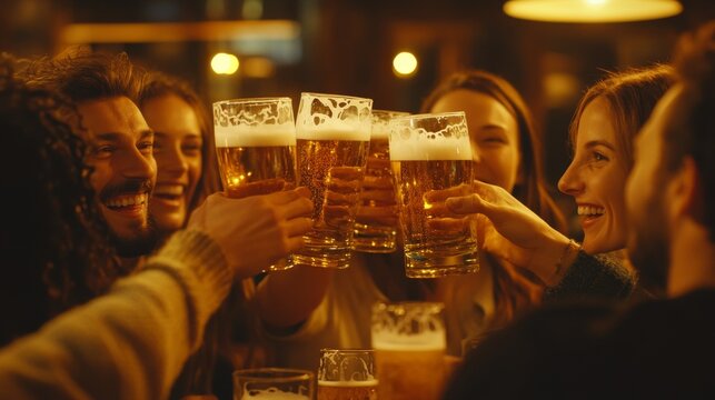 2410 104.A group of friends raising their beer glasses in a lively pub, their faces full of joy and laughter as they toast to celebrate a special occasion. The golden hues of the beer glow under the