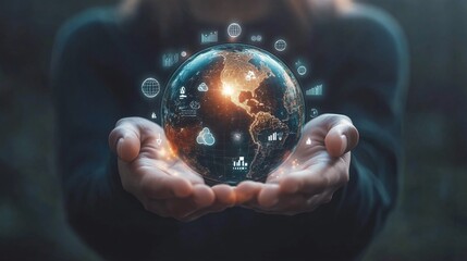 Hands holding Earth globe with business icons on nature background. Ecology concept.