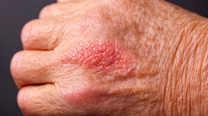 Fototapeta premium 2410 56.Close-up of a hand with a red, blotchy rash caused by an allergic reaction or viral infection. The inflamed, bumpy texture of the skin is clearly visible, showing irritation and swelling.