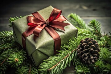 Beautifully Wrapped Christmas Gift with Red Ribbon and Natural Decorations for Festive Season Celebration