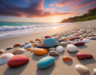 Beautiful landscape photograph of a beach at sunset, covered in small pebbles and shells of various sizes and colours