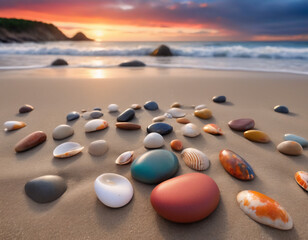 Beautiful landscape photograph of a beach at sunset, covered in small pebbles and shells of various sizes and colours