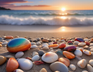 Beautiful landscape photograph of a beach at sunset, covered in small pebbles and shells of various sizes and colours