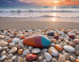 Beautiful landscape photograph of a beach at sunset, covered in small pebbles and shells of various sizes and colours