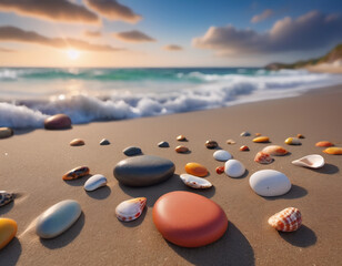 Beautiful landscape photograph of a beach at sunset, covered in small pebbles and shells of various sizes and colours