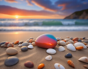 Beautiful landscape photograph of a beach at sunset, covered in small pebbles and shells of various sizes and colours