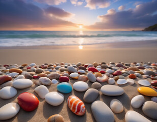 Beautiful landscape photograph of a beach at sunset, covered in small pebbles and shells of various sizes and colours
