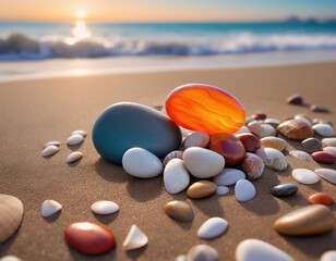 Beautiful landscape photograph of a beach at sunset, covered in small pebbles and shells of various sizes and colours