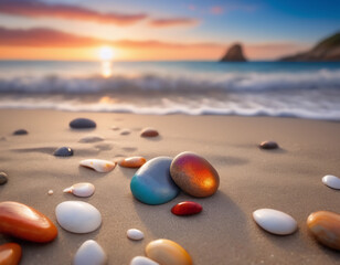 Beautiful landscape photograph of a beach at sunset, covered in small pebbles and shells of various sizes and colours