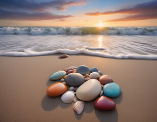 Beautiful landscape photograph of a beach at sunset, covered in small pebbles and shells of various sizes and colours