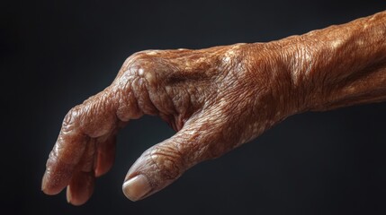 Fototapeta premium 2410 21.Close-up of a human hand showing symptoms of discoid eczema, with swollen, cracked, and itchy circular patches on the skin. The rough texture and inflamed spots are clearly visible,