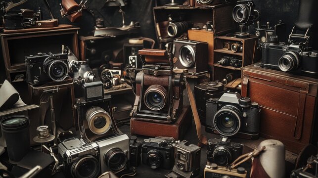 An intricately set up vintage camera collection and photography studio, Antique cameras and darkroom equipment for nostalgic photography, Retro photography style