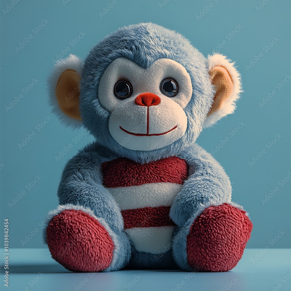 Poster plush monkey toy with redandwhite stripes black hands and an orange nose sits on a lightblue surface