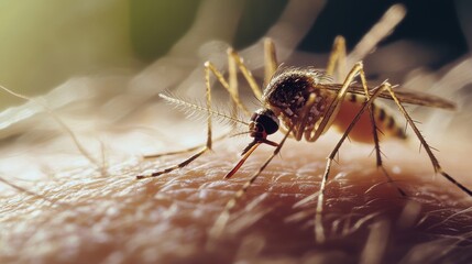 Fototapeta premium 2410 45.Extreme macro view of an Aedes mosquito resting on the surface of human skin, with its proboscis piercing the skin. The mosquitoâ€™s intricate body structure is highlighted, with a small bump