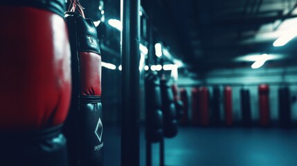 Fototapeta premium An invigorating boxing gym with gloves and punching bags, Boxing equipment arranged in a motivational setup, Athletic training style