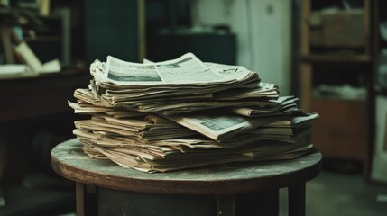 Obraz premium 2410 99.A messy stack of folded newspapers on a small table, with some papers slightly askew. The image captures the hurried nature of daily journalism, as the pile leans to one side.