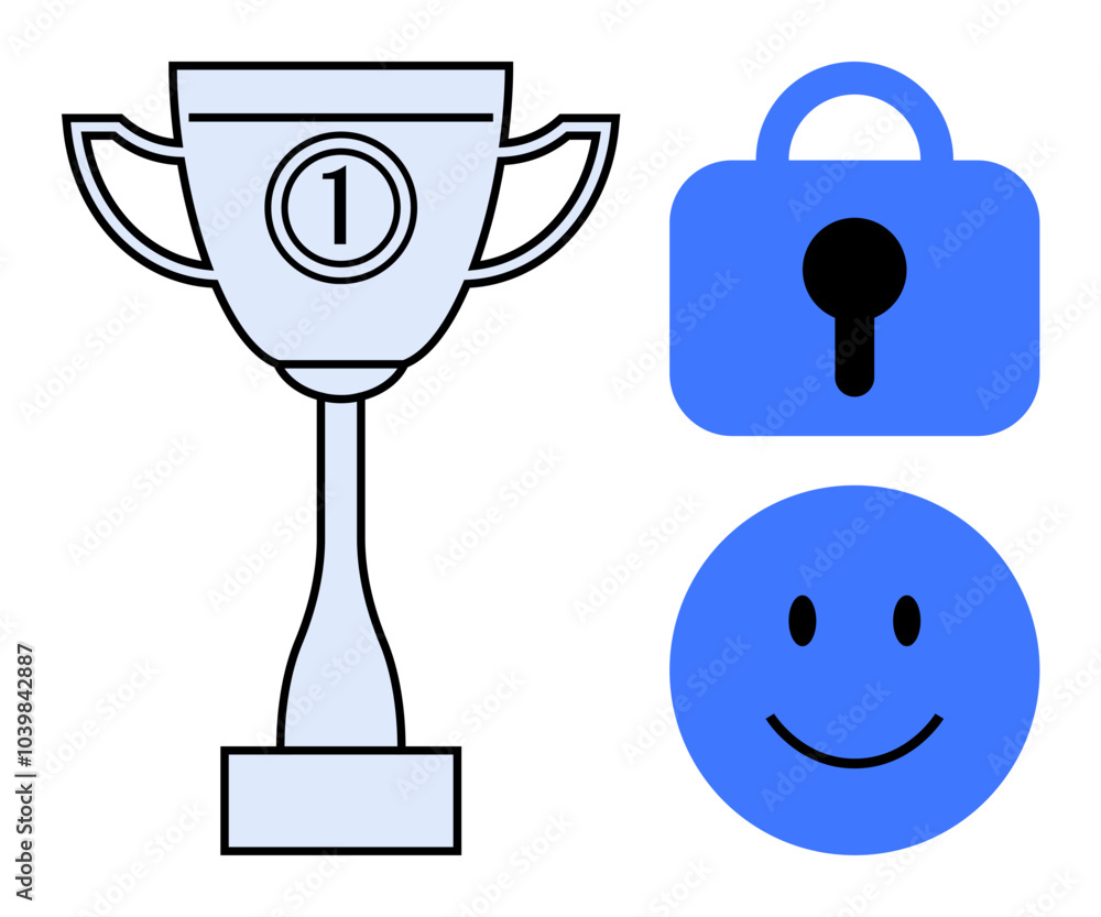 Wall mural three icons are visible a trophy, a padlock, and a happy face. ideal for themes like achievement, se