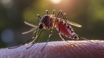 Fototapeta premium 2410 46.Aedes mosquito perched on a personâ€™s hand, captured in sharp detail as it bites. The focus is on the mosquitoâ€™s delicate legs and the bite mark beginning to form on the skin.