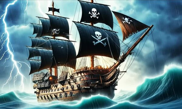 a pirate ship with black sails was in the middle of big sea waves