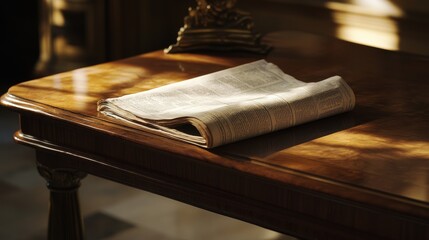 2410 93.A neatly placed newspaper rests on the corner of a polished wooden desk, its edges slightly curled. The deskâ€™s warm, natural tones contrast with the muted colors of the paper, creating a