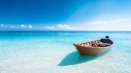 Naklejka premium Wooden longtail boat in shallow crystal clear water, sunlit tropical beach, serene ocean horizon, minimalistic composition, peaceful travel concept