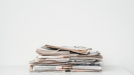 2410 72.A pile of several newspapers resting on a plain office table, with a bright white background highlighting the clean lines of the papers. The slight curling of the edges adds a natural feel to