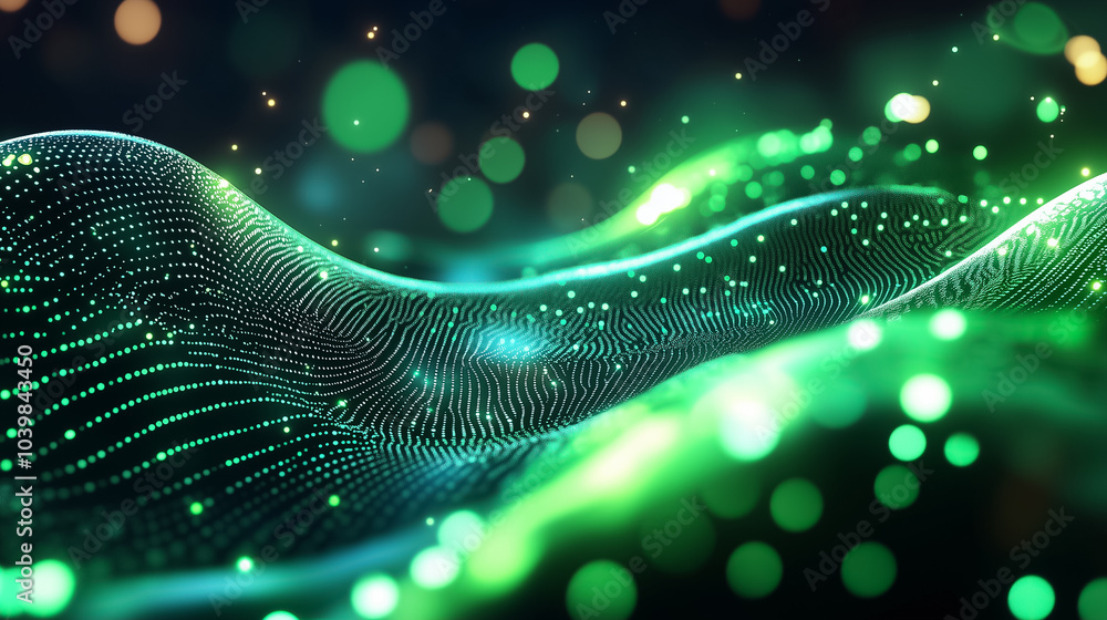 Poster visual representation of vibrant green data streams undulating in a digital environment, creating a 