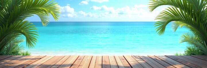 Fototapeta premium Serenity meets beauty in this tropical beach scene with a wooden deck, palm leaves, and a vast ocean. Perfect for travel, relaxation, and vacation themes.