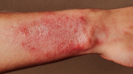 Naklejka premium 2410 42.Focus on a red, irritated rash on the forearm, with the person's hand scratching the affected area. The image captures the swollen, bumpy texture of the dermatitis and the visible discomfort.