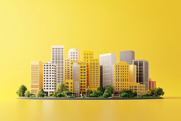 Obraz premium Miniature urban landscape with buildings on a yellow background