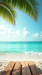 Fototapeta premium A serene beach scene with calm turquoise waters and a palm-fringed wooden deck, perfect for evoking tranquility and relaxation in travel or wellness themes.