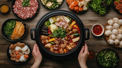 Family reunion with multiple generations celebrating around a traditional hot pot, Lunar New Year family traditions, cultural celebration