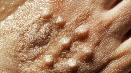 Obraz premium 2410 28.A close-up of the skin with visible stage 2 papules from Mpox, showing small, firm bumps on the surface of the hand. The texture and inflammation of the skin are clearly highlighted in this