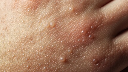 Fototapeta premium 2410 28.A close-up of the skin with visible stage 2 papules from Mpox, showing small, firm bumps on the surface of the hand. The texture and inflammation of the skin are clearly highlighted in this