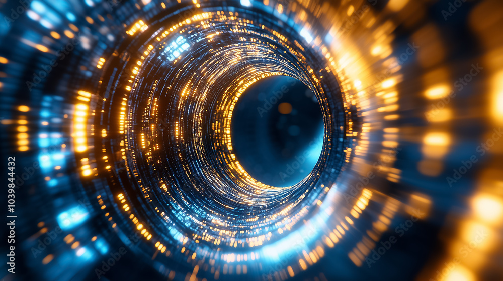Poster glowing streams of data flow through a futuristic tunnel, creating an immersive and vibrant visual e