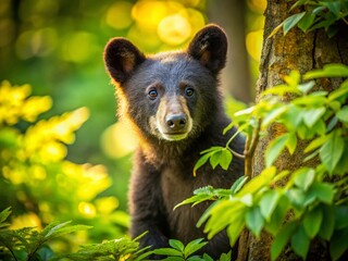 Fototapeta premium Black Bear Cub Peeking Through Tree Branches in Lush Forest Landscape Photography