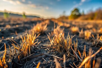 Fototapeta premium Black Burned Grass Texture in Field After Fire - Nature's Resilience Captured
