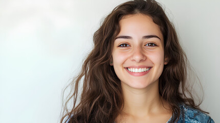 Naklejka premium A close-up portrait of a young woman with brown hair smiling at the camera.