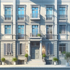Naklejka premium A classic European-style building facade with blue stucco, arched windows, and shutters, adorned with potted plants and a balcony