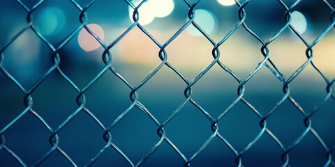 Fototapeta premium Simple chain-link fence at dusk in an industrial park, highlighting the security and utilitarian design of modern metal barriers with blurred lights in the background