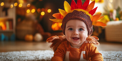 Adorable baby dressed in a cute turkey costume for Thanksgiving, surrounded by warm festive lighting. The baby's cheerful expression captures the joy of the holiday