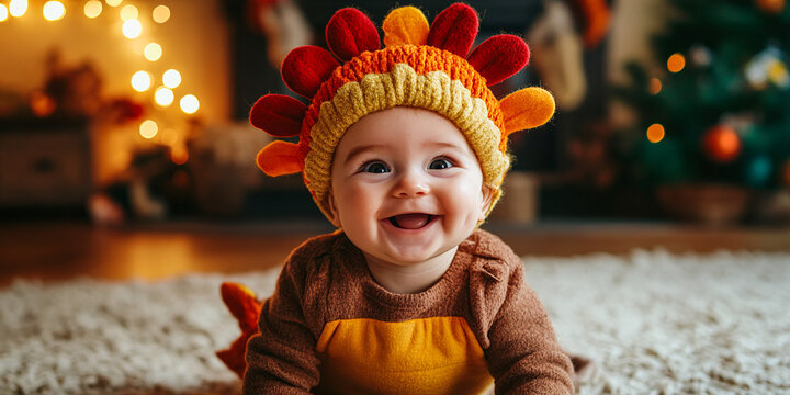 Adorable baby dressed in a cute turkey costume for Thanksgiving, surrounded by warm festive lighting. The baby's cheerful expression captures the joy of the holiday