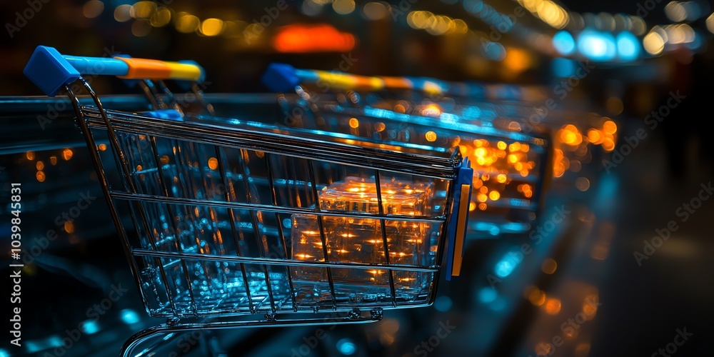 Poster a row of empty shopping carts with blurred lights in the background.