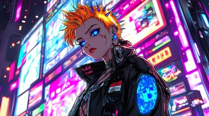 Character with Neon Orange Hair and Glowing Tattoos against Futuristic Holographic Display