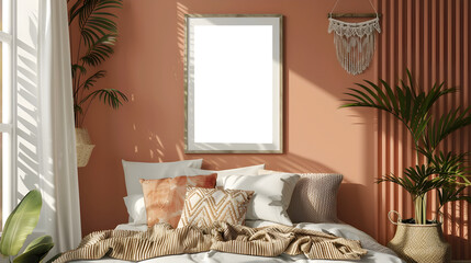 Blank Poster Frame Mockup in bedroom on Peach wall