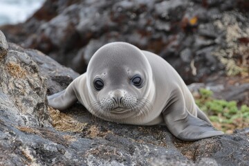 Playful seal pup resting on rocky shore during a sunny day in a coastal paradise