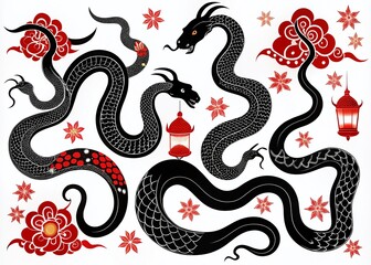 Black Snake Silhouettes Collection for 2025 Chinese New Year - Hand Drawn Wild Animals Design